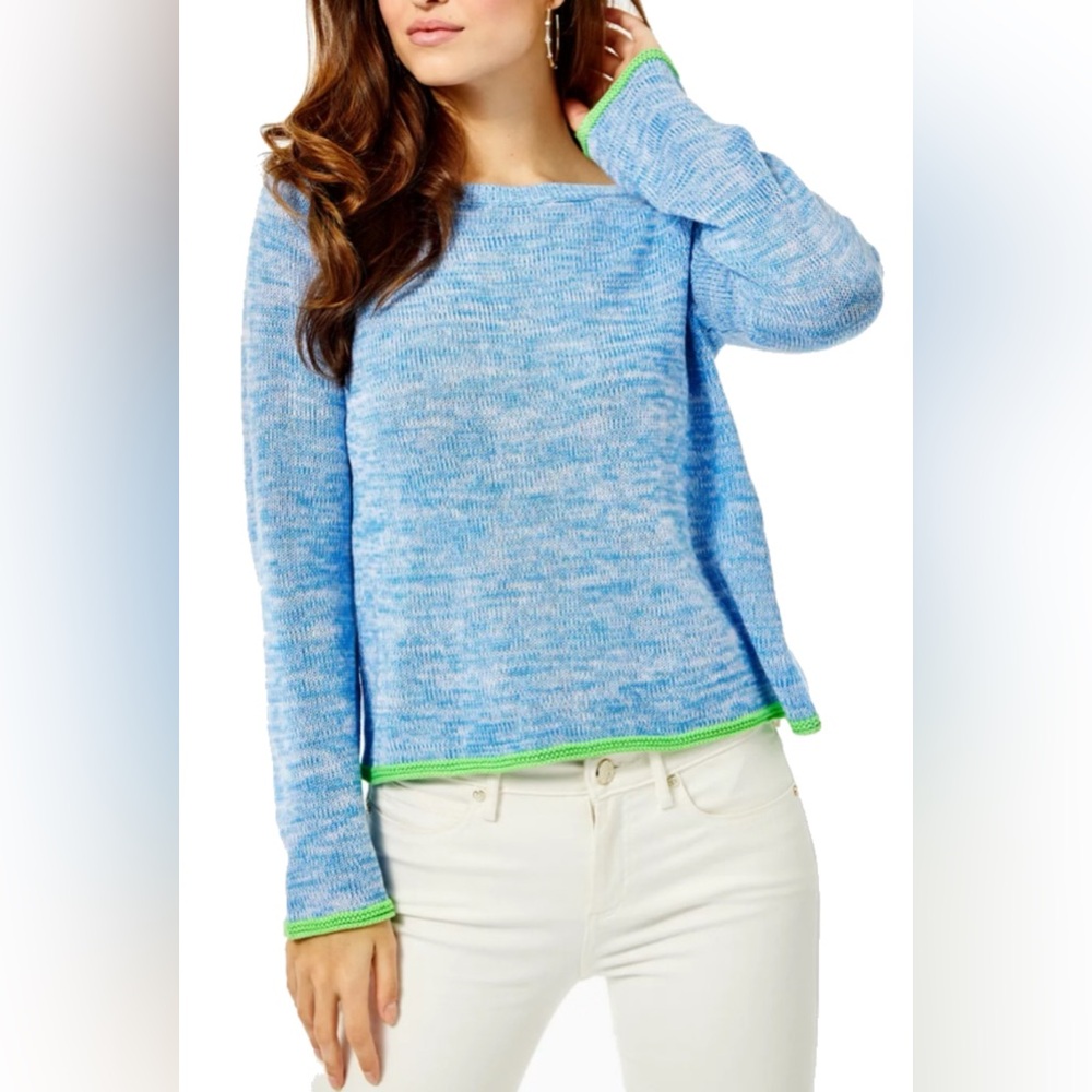 Lilly Pulitzer EUC Blue Marl Sweater Neon Green Trim Medium Coastal